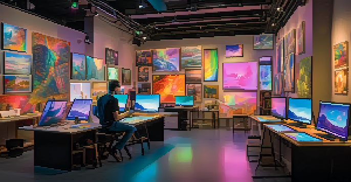 A digital art studio with an artist working on a tablet, colorful artworks, and soft lighting.