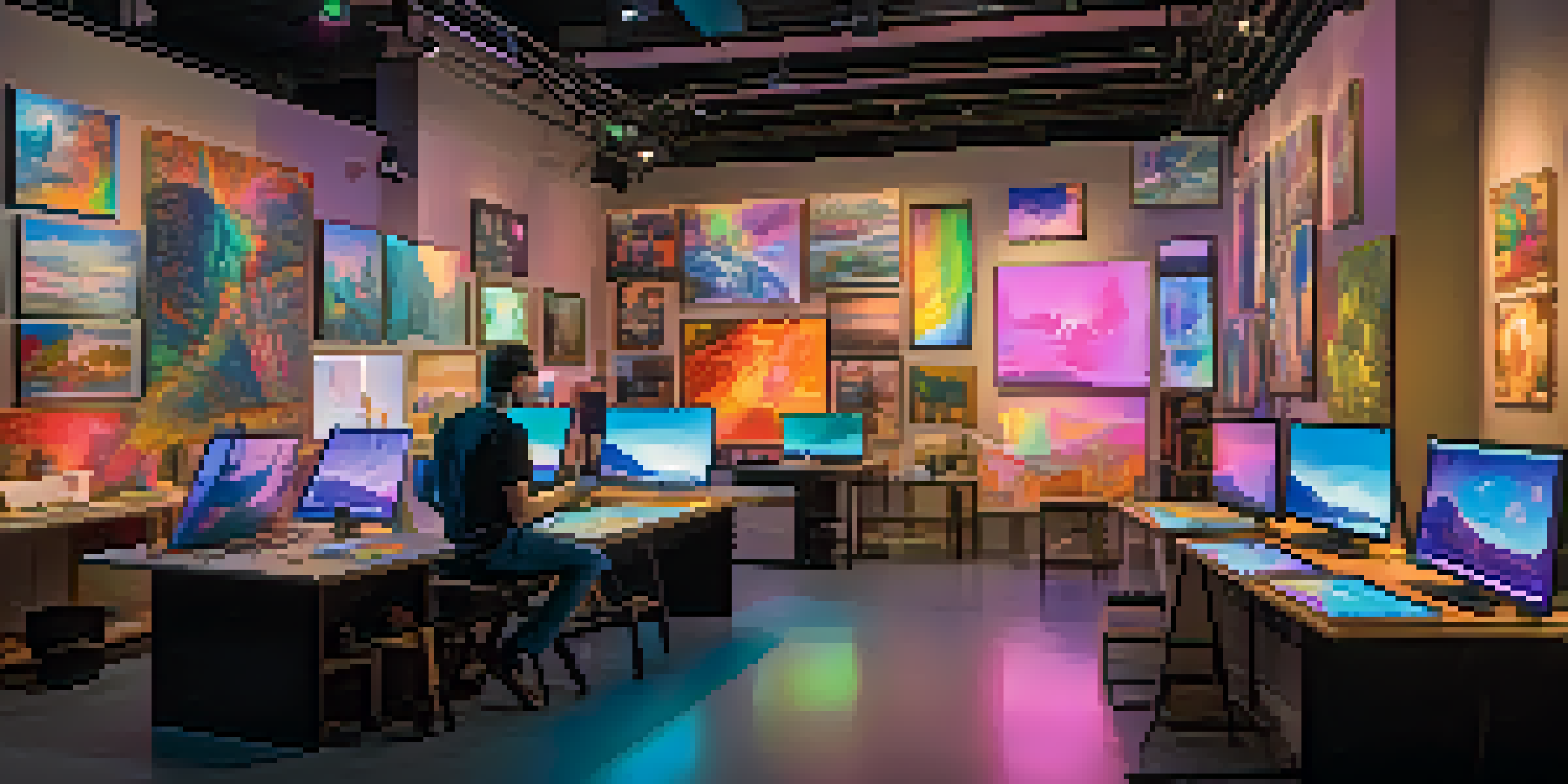 A digital art studio with an artist working on a tablet, colorful artworks, and soft lighting.