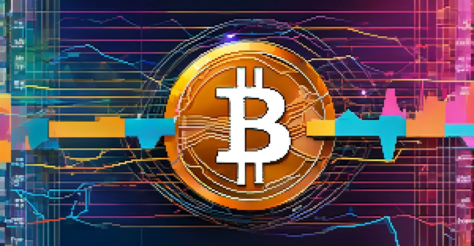 An abstract graph showing Bitcoin price fluctuations with vibrant colors and blockchain elements in the background.