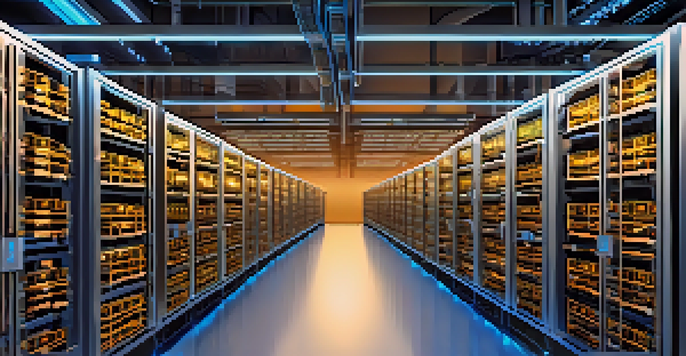 A detailed view of a Bitcoin mining farm featuring ASIC machines with blue LED lights in a dark environment.
