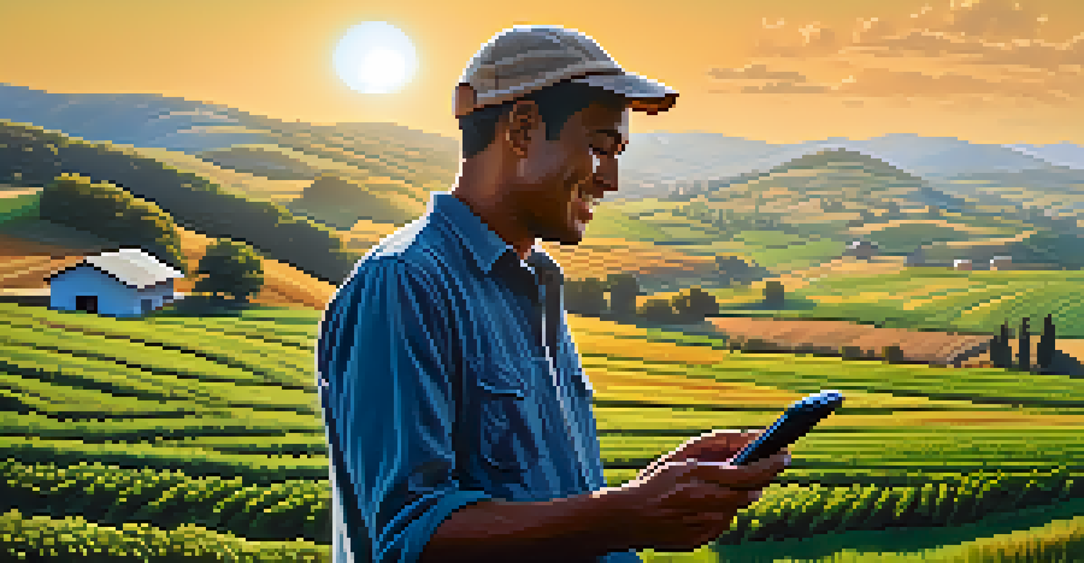 A rural farmer checking his smartphone for Bitcoin payments, with rolling hills and a clear blue sky in the background.