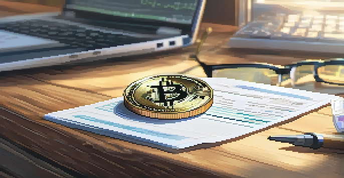 A Bitcoin coin on a wooden desk with papers, a calculator, and a laptop showing blockchain data.
