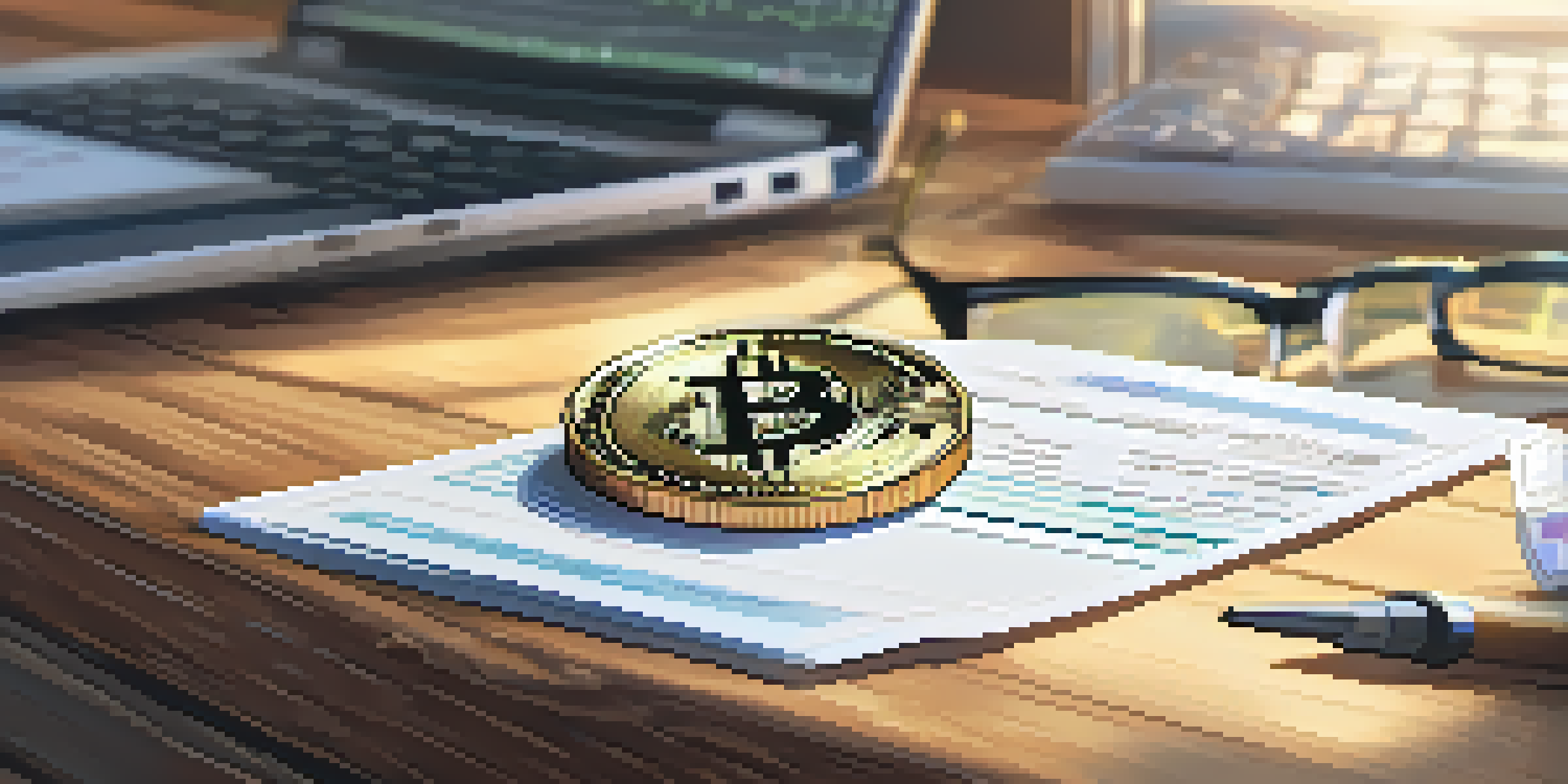 A Bitcoin coin on a wooden desk with papers, a calculator, and a laptop showing blockchain data.