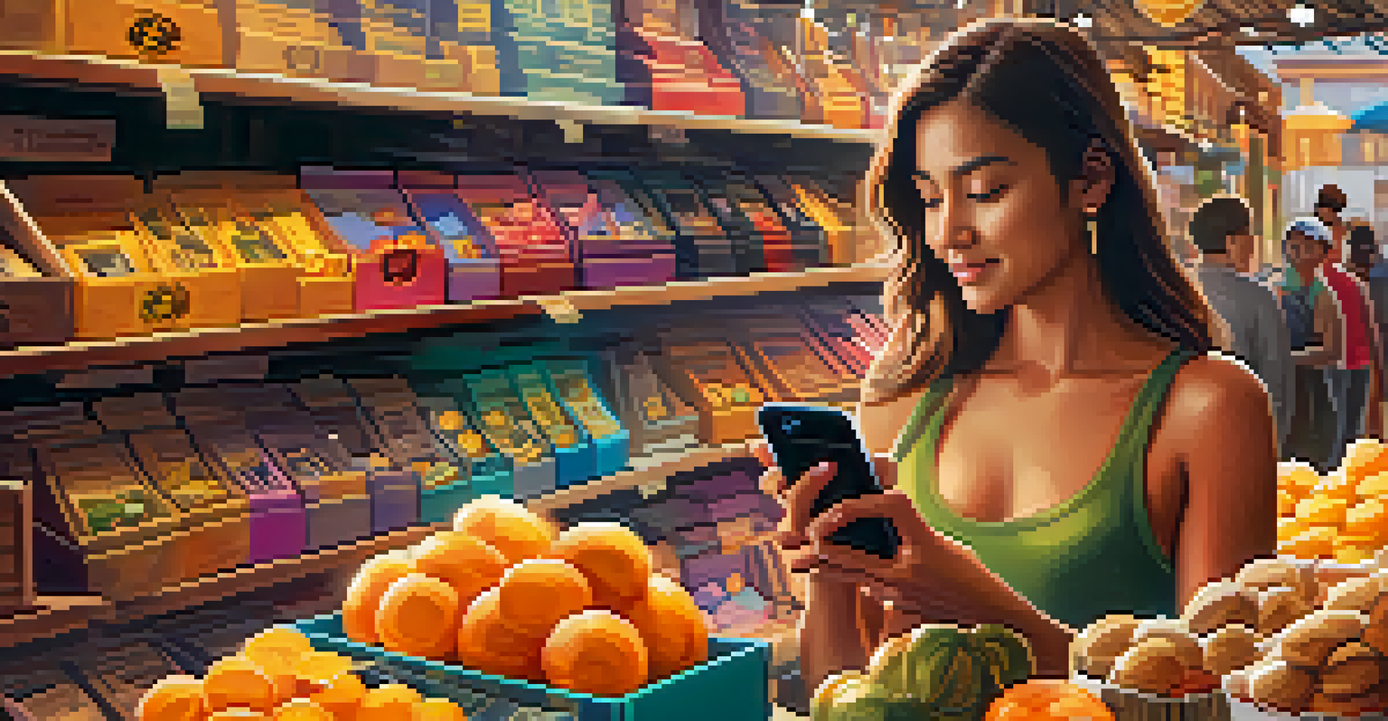 A woman holding a smartphone with a Bitcoin wallet app, set against a colorful market backdrop.