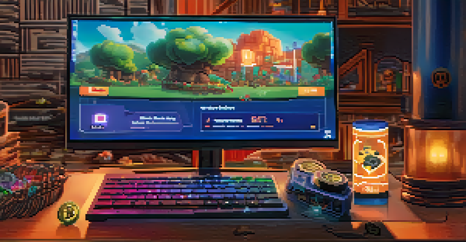 A close-up of a gaming screen showing a Bitcoin wallet interface with colorful in-game items for purchase, highlighting a player's focused expression.