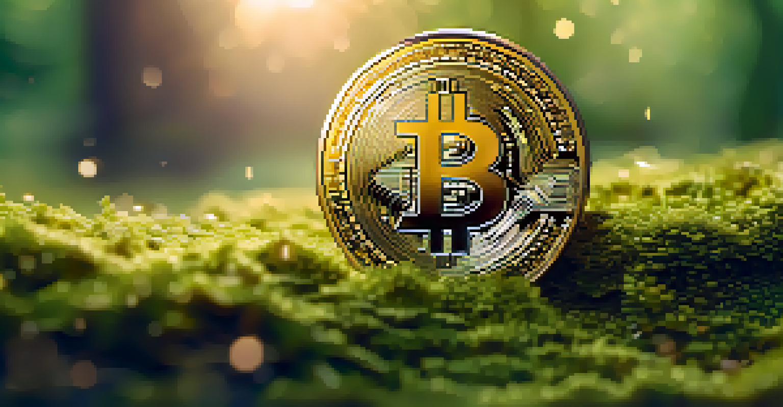 A close-up of a golden Bitcoin coin on green moss, illuminated by sunlight filtering through leaves.