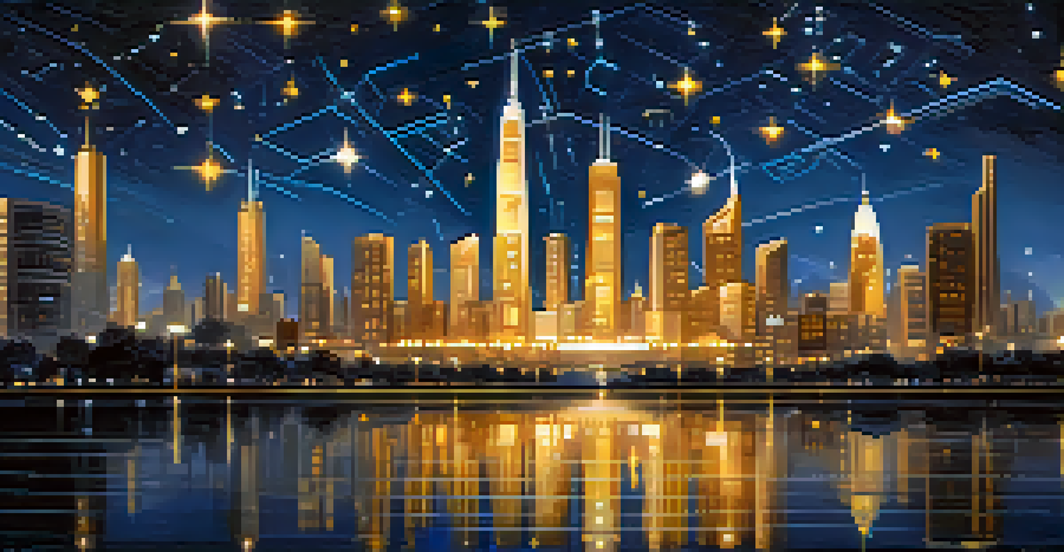 A futuristic city skyline at night with Bitcoin symbols integrated into the buildings, under a starry sky.