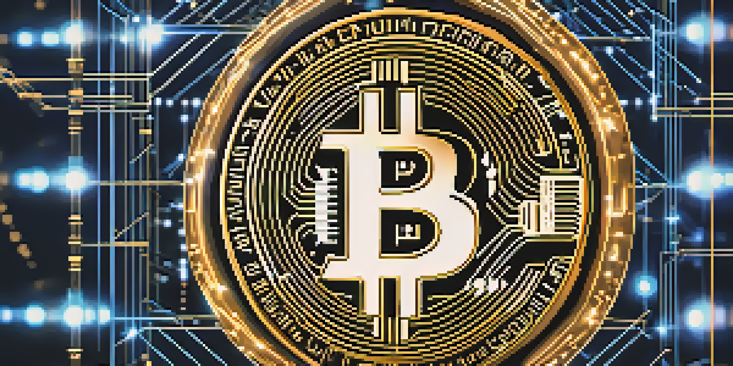 A golden Bitcoin coin surrounded by a network of interconnected blockchain nodes on a dark blue background.