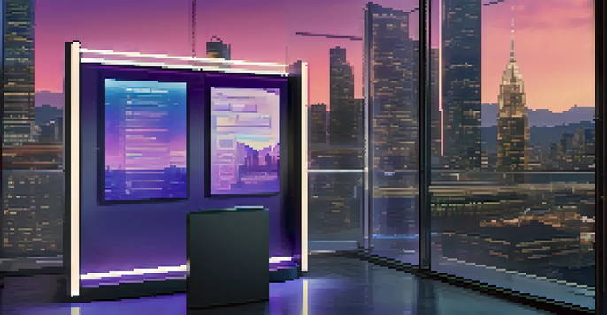A modern voting booth with a digital touchscreen showing a voting interface against a city skyline at dusk, illuminated with blue and purple lights.