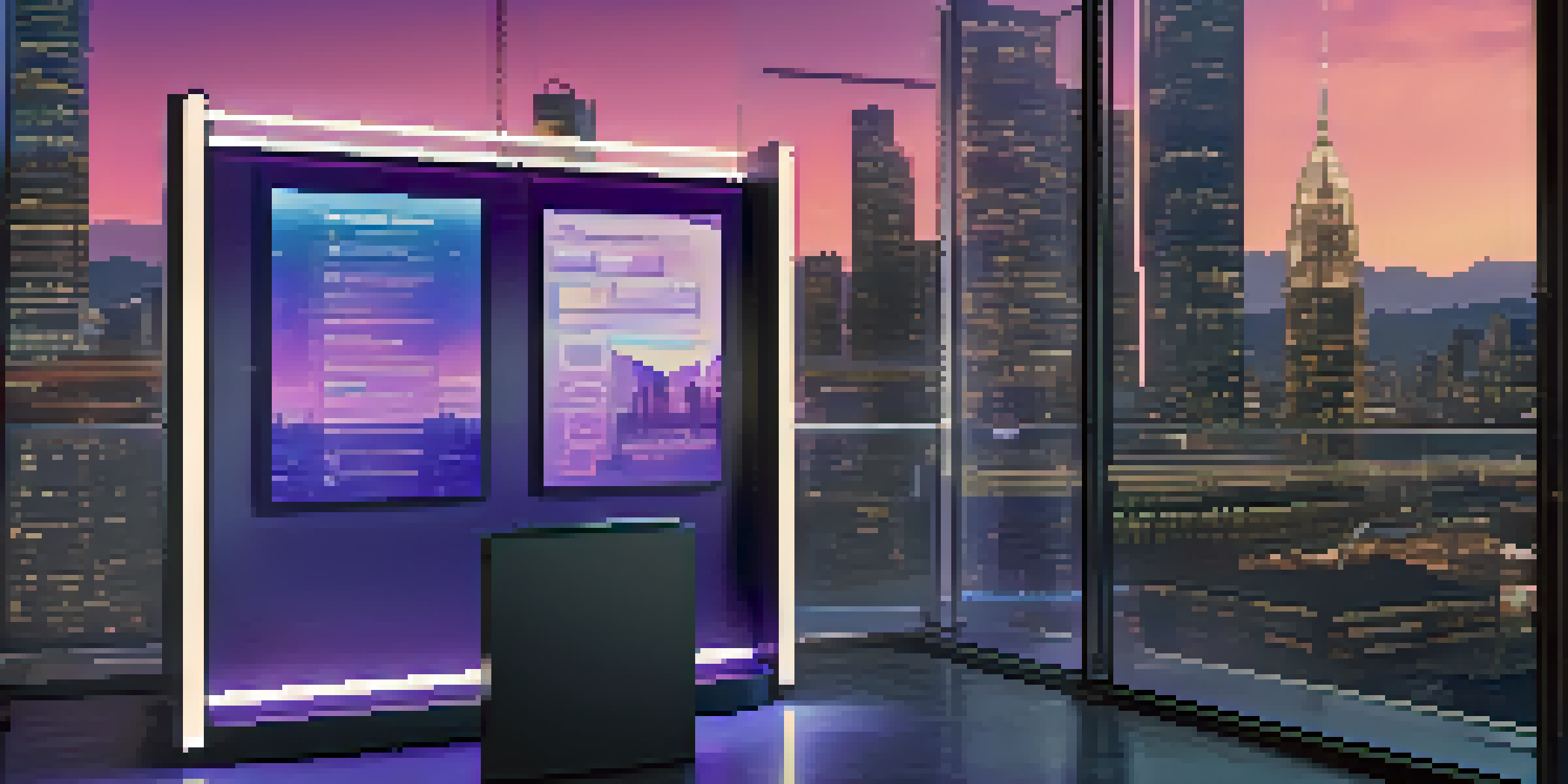 A modern voting booth with a digital touchscreen showing a voting interface against a city skyline at dusk, illuminated with blue and purple lights.
