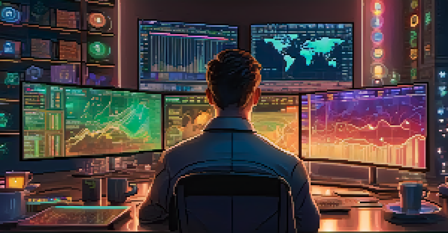 A young trader at home with multiple screens showing cryptocurrency charts, illuminated by colorful lights.