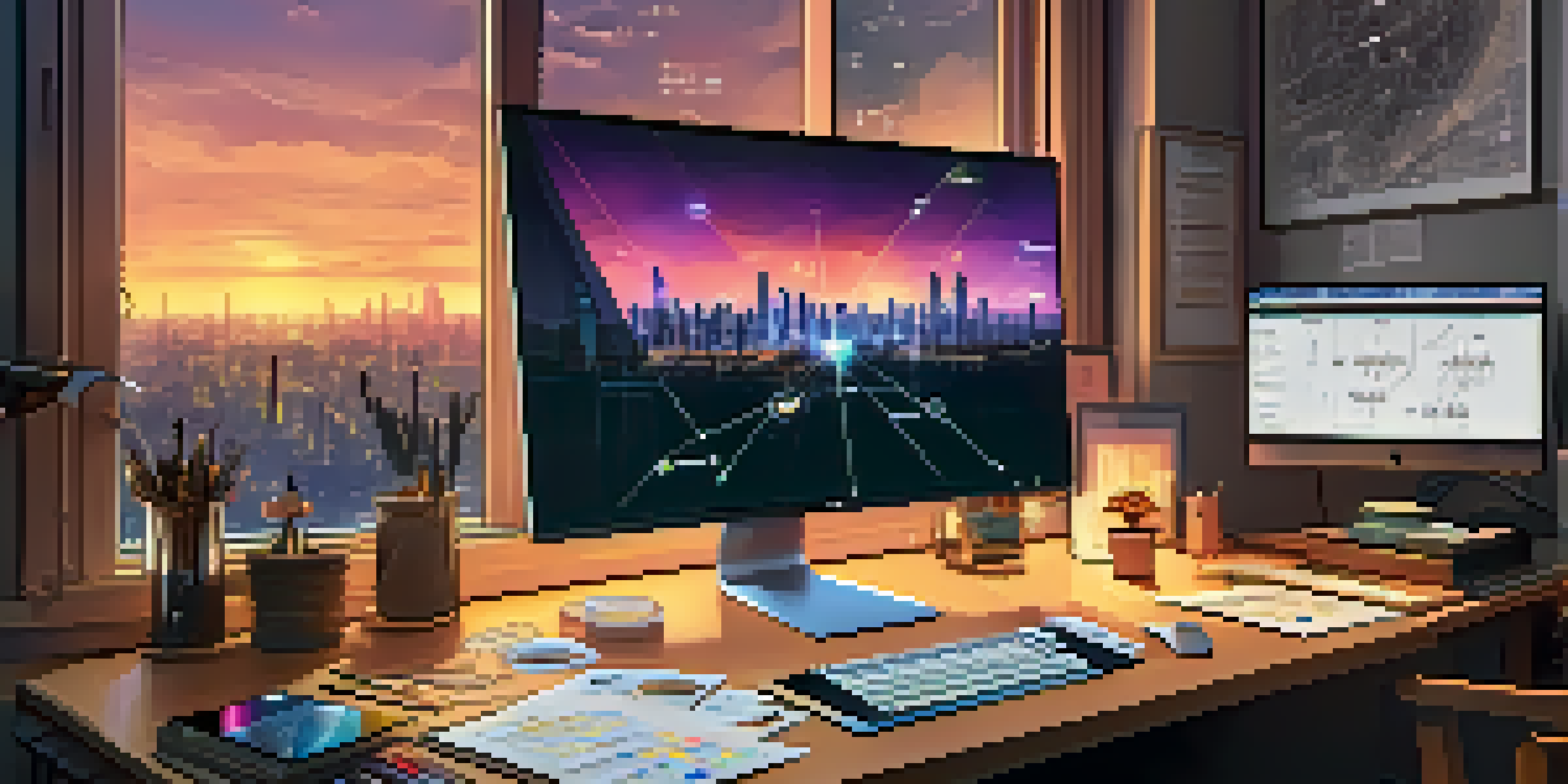 A digital artist's workspace with monitors showing cryptocurrency charts and sketches, warm lighting, and a city skyline outside the window.