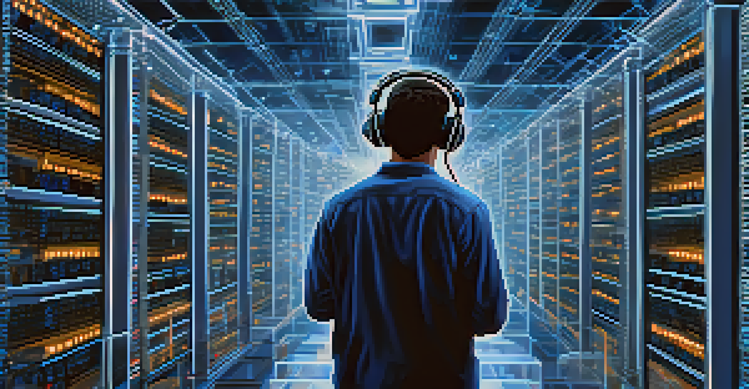 A Bitcoin miner working in a high-tech facility, surrounded by computers and blue LED lights, concentrating on cryptographic puzzles on screens.