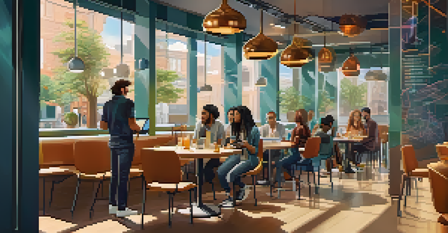 A diverse group of people discussing cryptocurrency in a modern café with digital art on the walls and laptops showing charts.