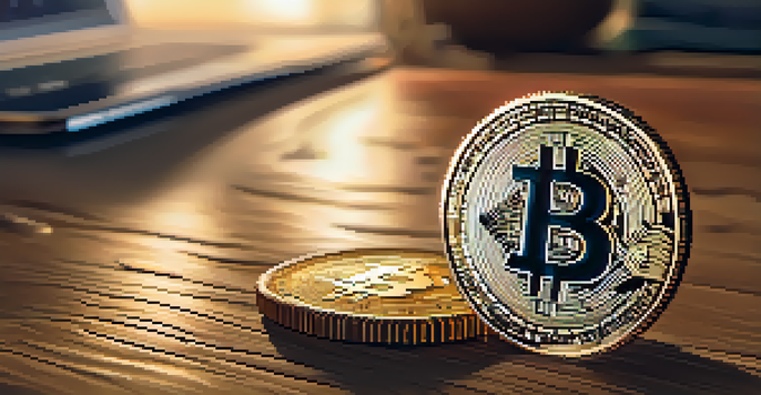 A close-up of a Bitcoin coin on a wooden table, with soft lighting highlighting its details, and a blurred laptop and financial documents in the background.
