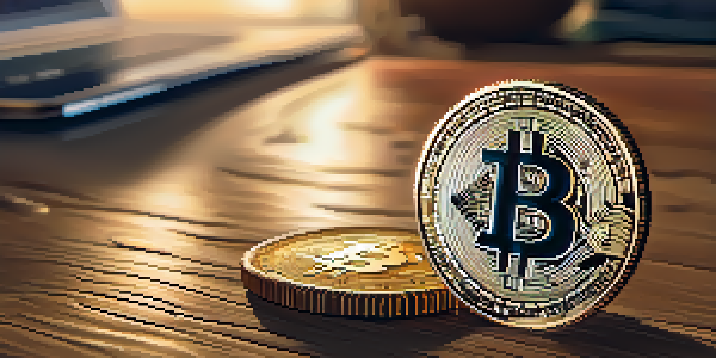 A close-up of a Bitcoin coin on a wooden table, with soft lighting highlighting its details, and a blurred laptop and financial documents in the background.