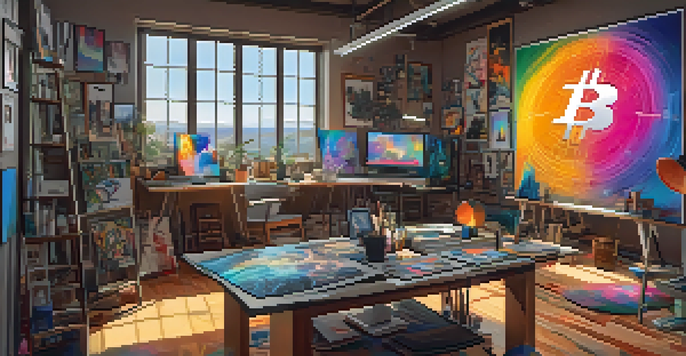 A digital artist's studio with an abstract artwork inspired by Bitcoin and NFTs, illuminated by natural light.