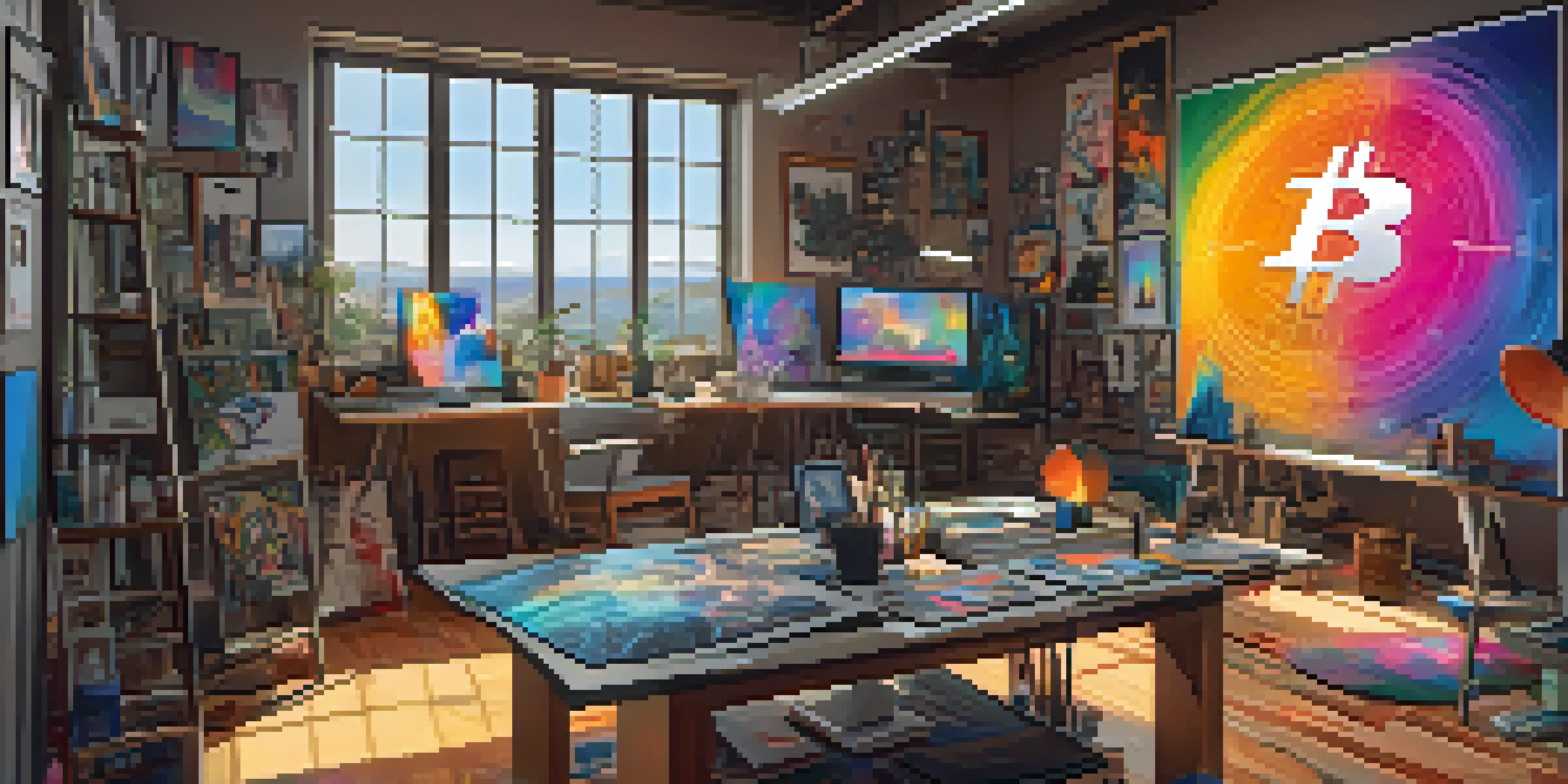 A digital artist's studio with an abstract artwork inspired by Bitcoin and NFTs, illuminated by natural light.