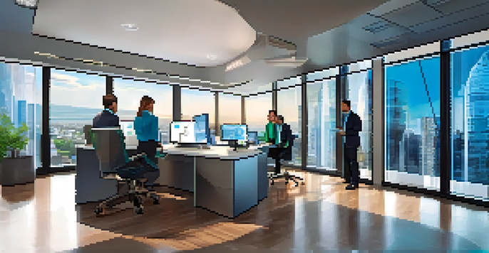 A contemporary real estate office with digital screens showing Bitcoin prices and property listings, featuring a group of professionals engaged in discussion.