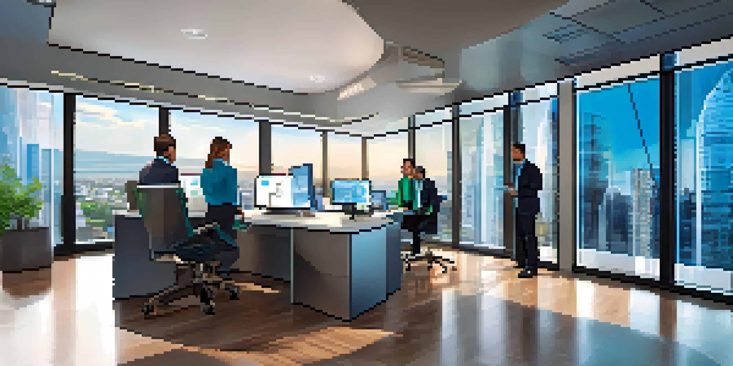 A contemporary real estate office with digital screens showing Bitcoin prices and property listings, featuring a group of professionals engaged in discussion.