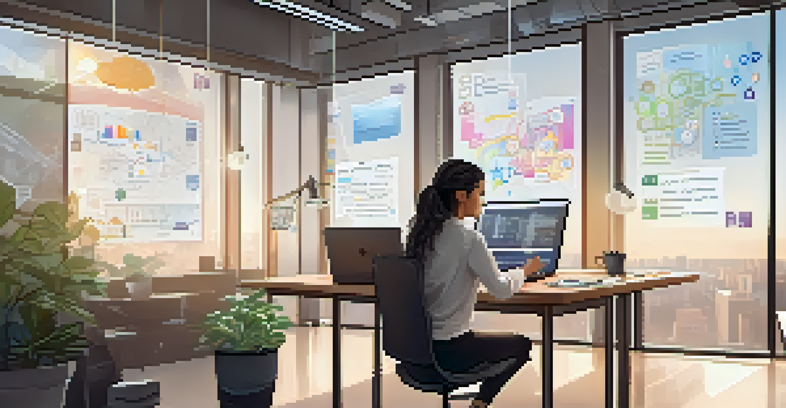 A female developer working intently on blockchain technology in a bright co-working space, with charts and coffee nearby.