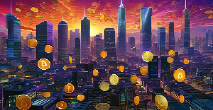 A colorful representation of various alternative cryptocurrencies depicted as coins in a futuristic city skyline at dusk.