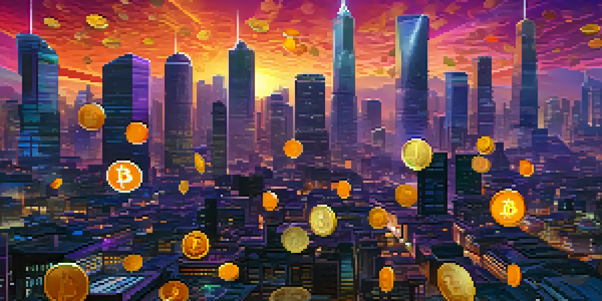 A colorful representation of various alternative cryptocurrencies depicted as coins in a futuristic city skyline at dusk.
