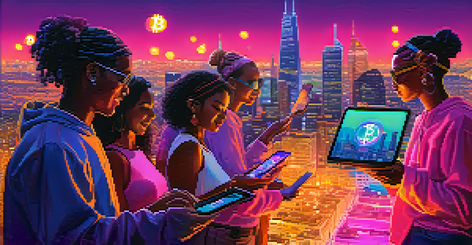 A diverse group of people using mobile devices to transact Bitcoin in front of a colorful city skyline.