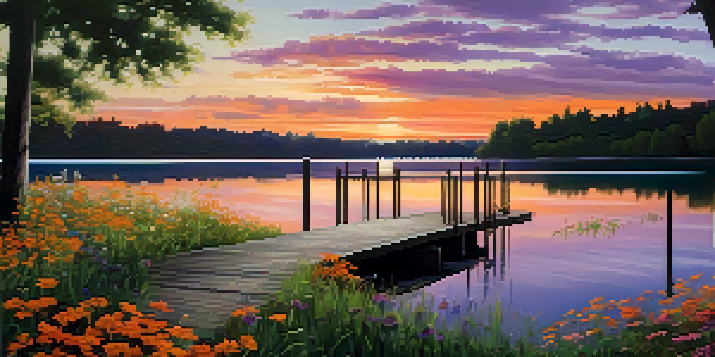 A tranquil sunset over a calm lake with a wooden pier and colorful reflections.