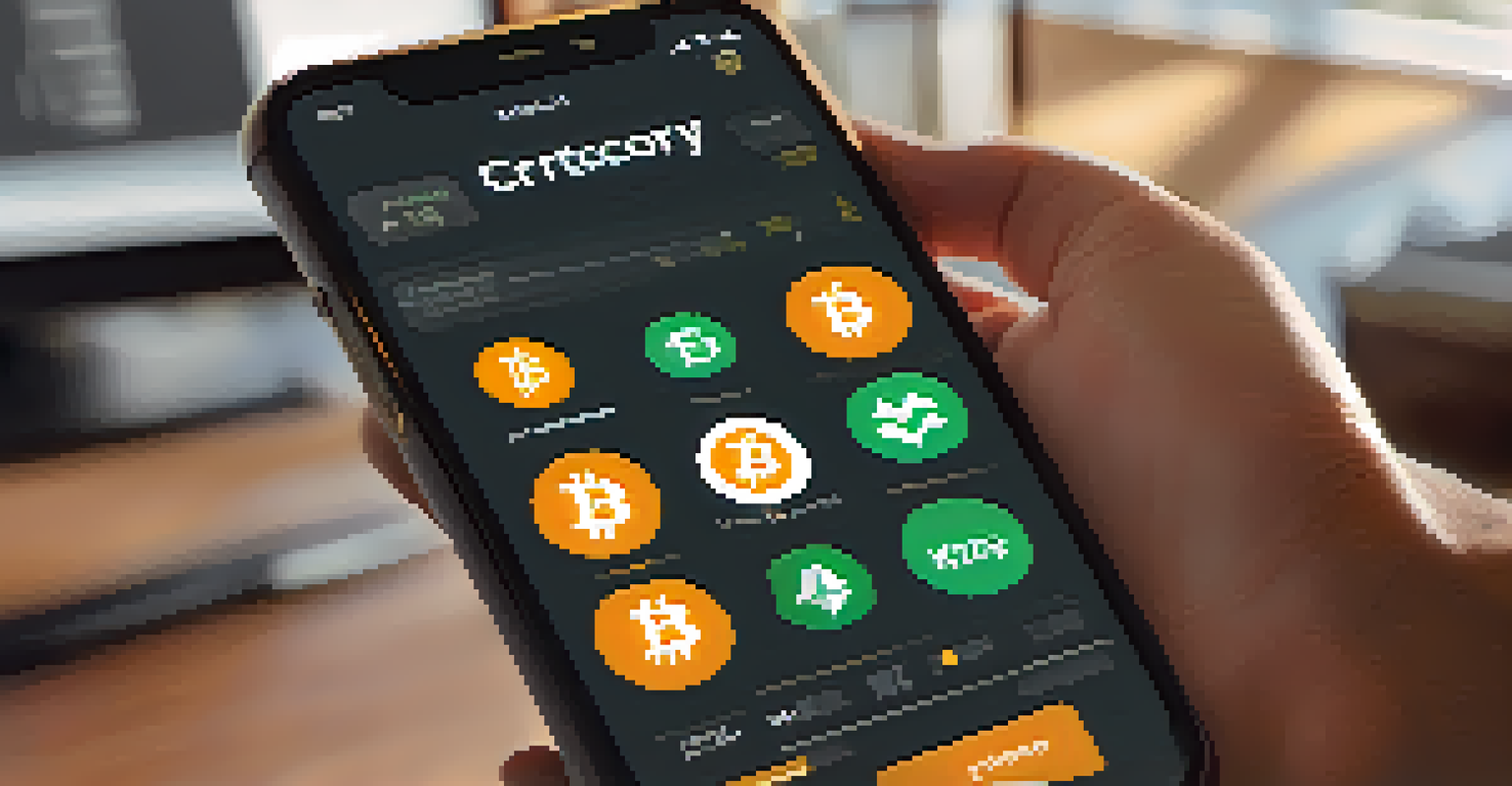 A hand holding a smartphone showing a cryptocurrency wallet app in a cozy home office with natural light.
