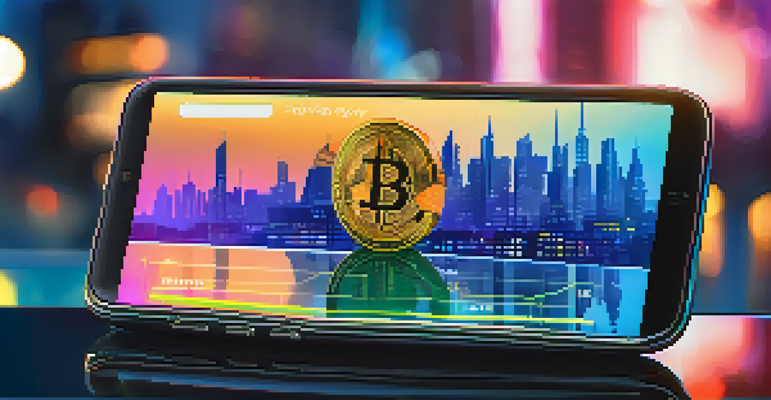 A smartphone displaying a Bitcoin digital wallet with a futuristic city skyline in the background.
