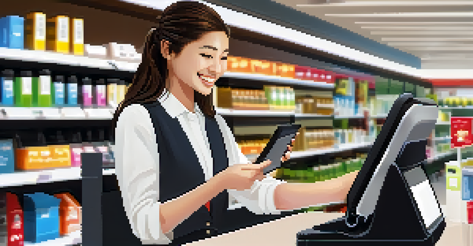 A business person paying with a smartphone at a checkout counter in a modern store.