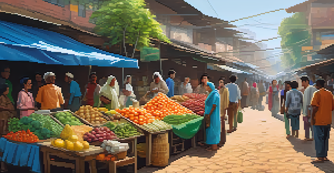 A lively market in a developing country with various vendors and people using smartphones for Bitcoin transactions.