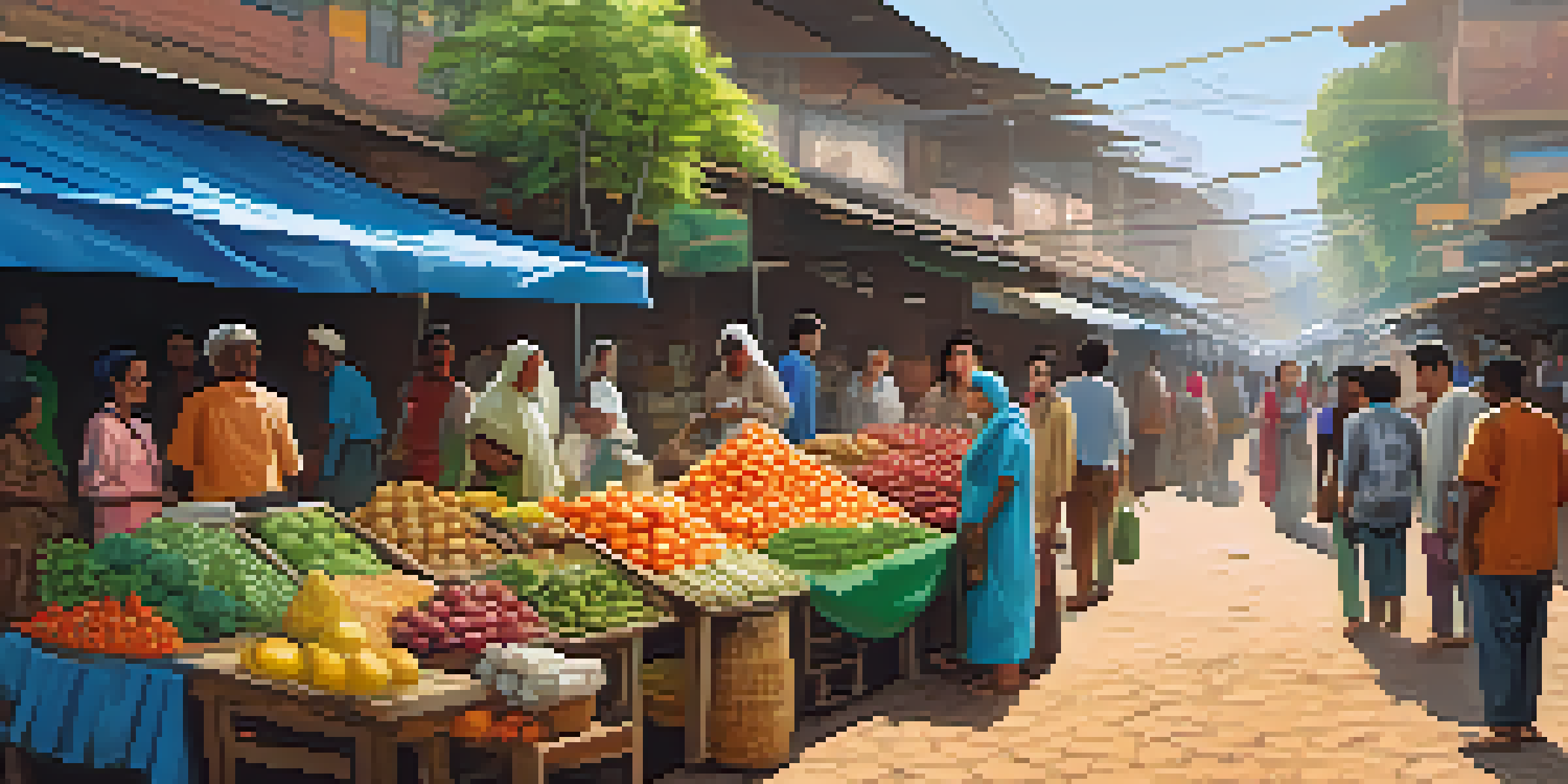 A lively market in a developing country with various vendors and people using smartphones for Bitcoin transactions.