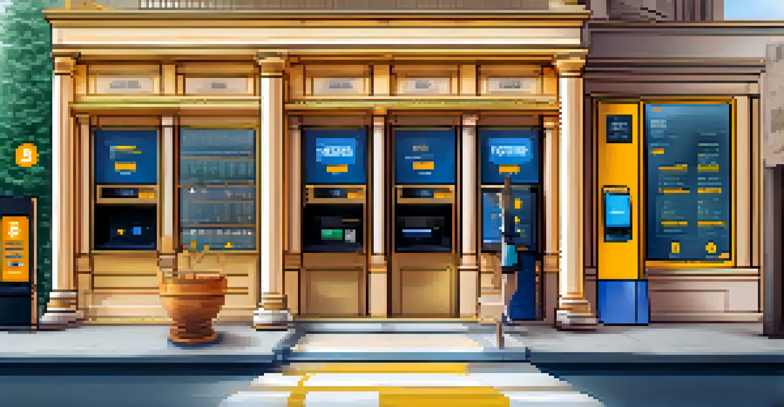 A split-screen image contrasting a traditional bank with a Bitcoin digital wallet interface.