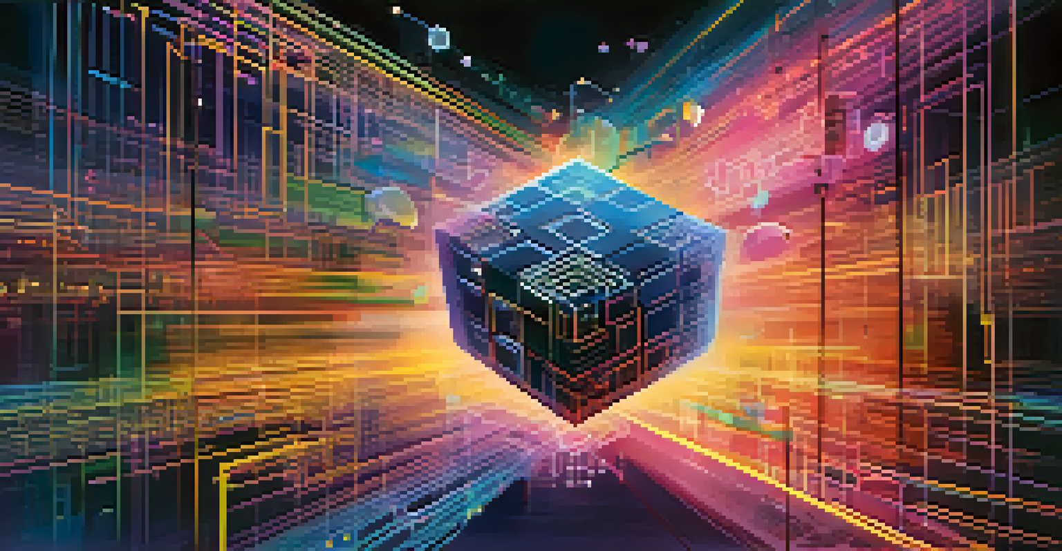 An abstract image illustrating the merging of blockchain technology and digital art, with a digital ledger on one side and vibrant NFT designs on the other.