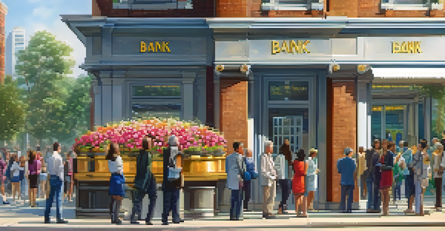 A traditional bank building with a line of people waiting, set against a sunny backdrop, with digital currency visuals in the background.