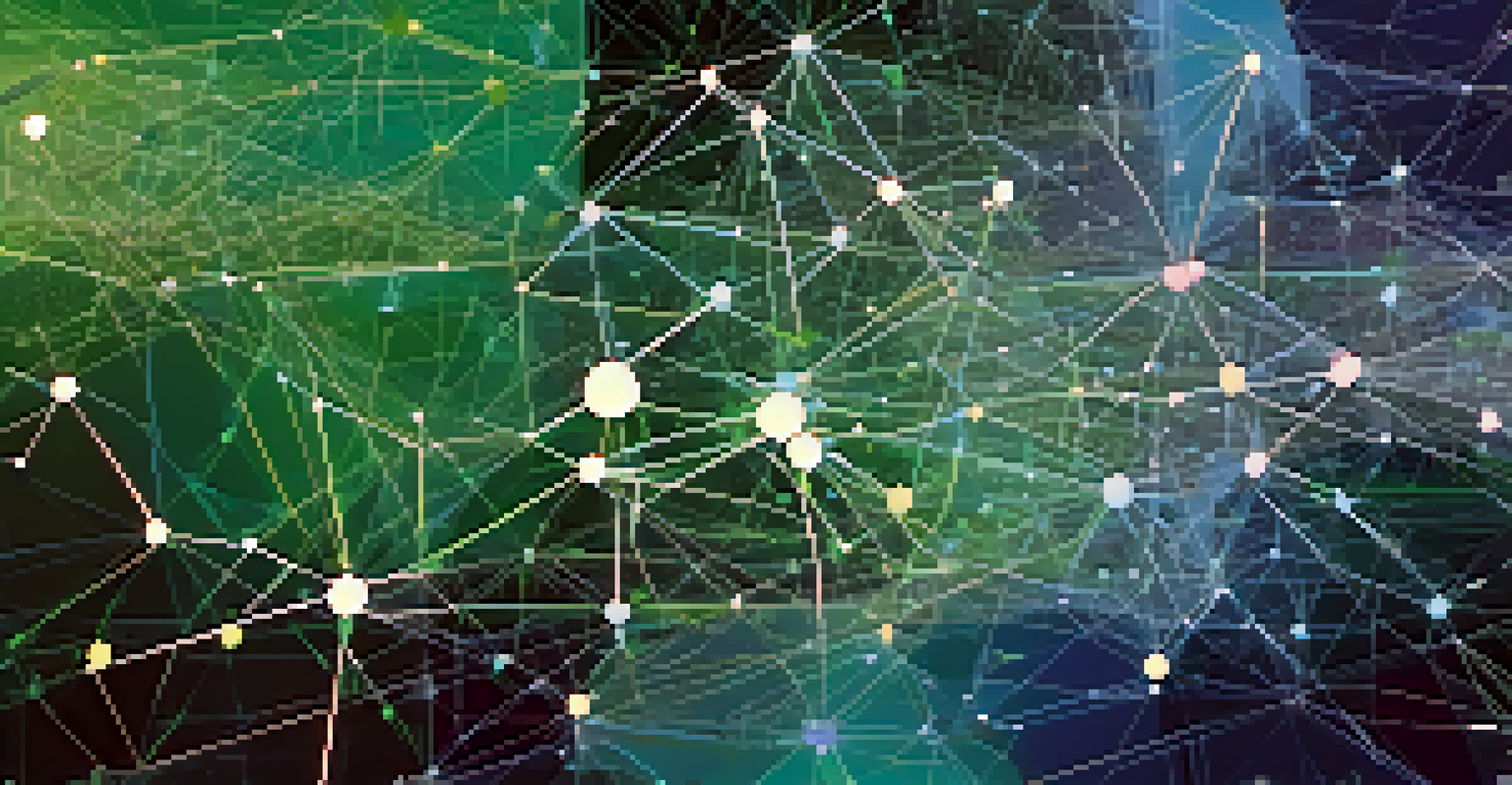 An abstract illustration of decentralized finance with interconnected nodes on a digital world map in blue and green.