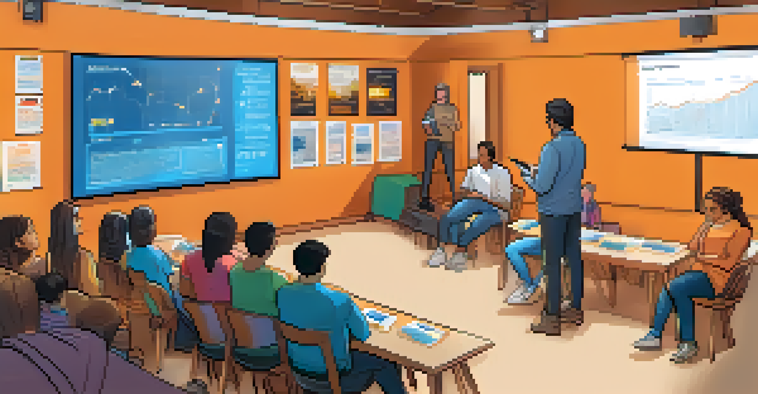 A workshop on Bitcoin adoption in a community center with diverse participants engaged in discussions, surrounded by educational materials.