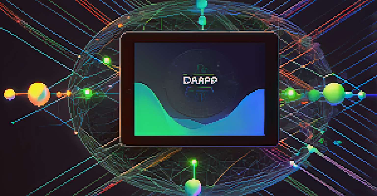 A futuristic tablet displaying a decentralized application interface amidst a network of blockchain nodes.