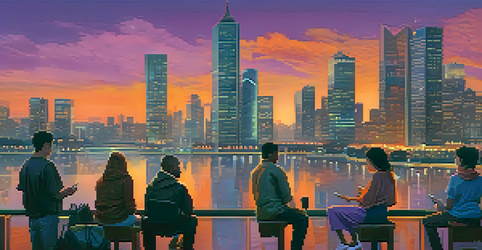 A diverse group of people discussing digital currencies in front of a city skyline at dusk, with skyscrapers reflecting the colors of the sunset.