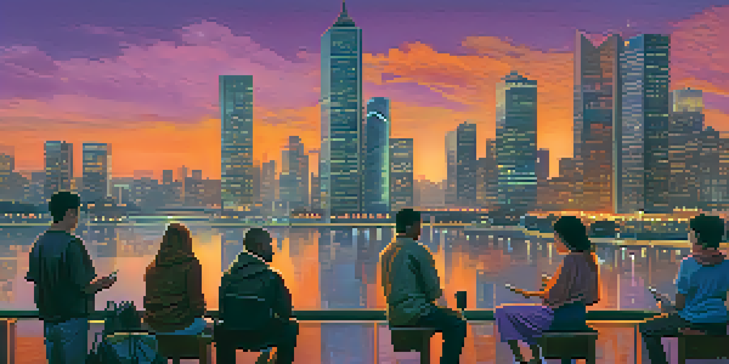 A diverse group of people discussing digital currencies in front of a city skyline at dusk, with skyscrapers reflecting the colors of the sunset.