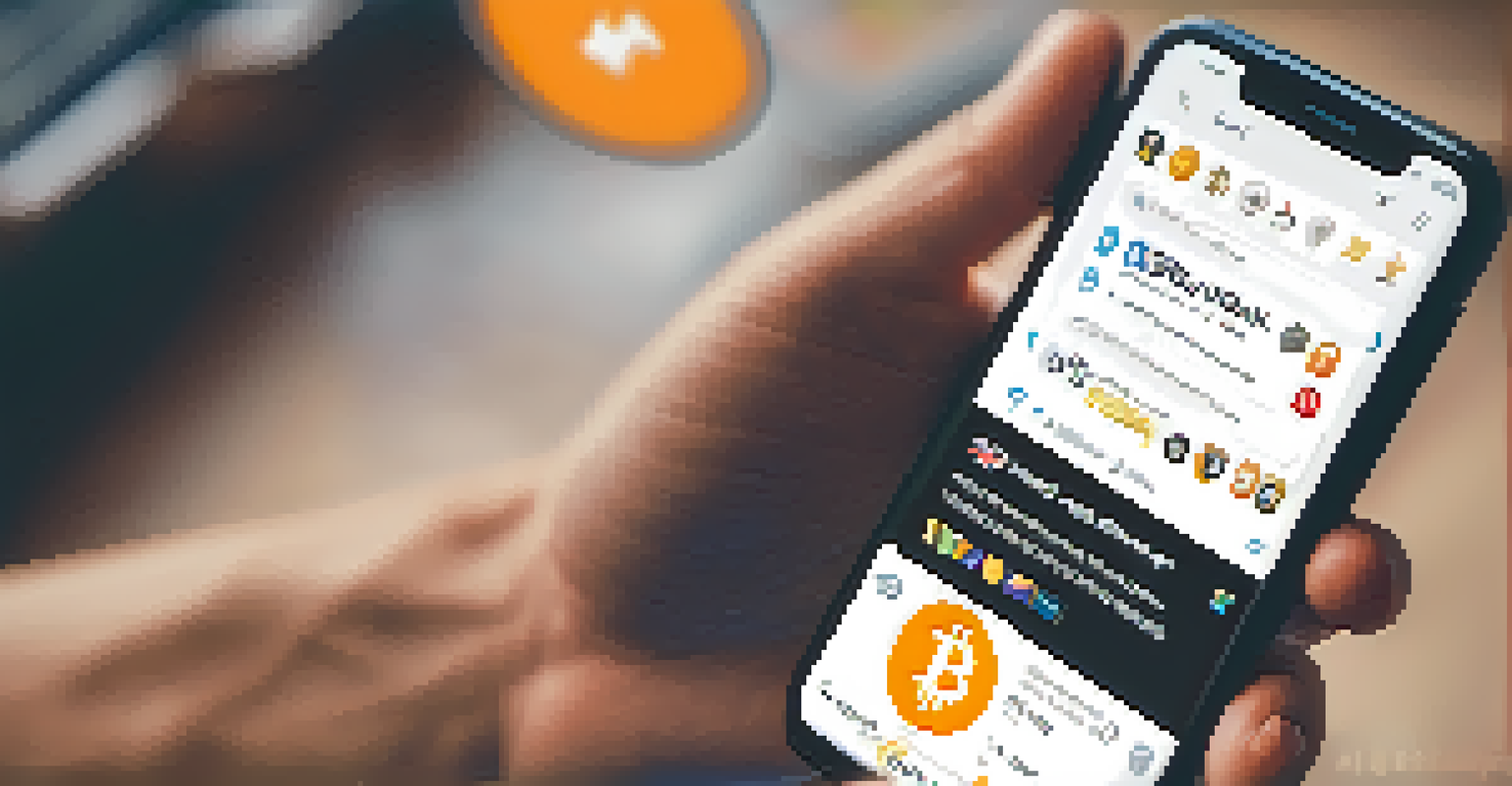 A close-up of a smartphone displaying a Bitcoin post with engaging hashtags in a cozy cafe.