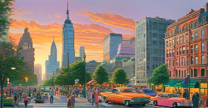 A vibrant cityscape at sunset with modern and historical buildings, lively streets, and a small park in the foreground.