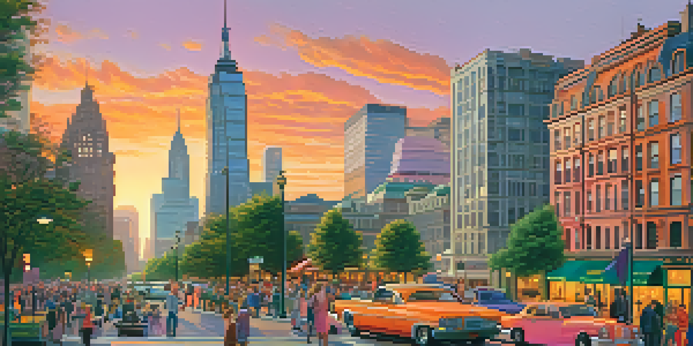 A vibrant cityscape at sunset with modern and historical buildings, lively streets, and a small park in the foreground.