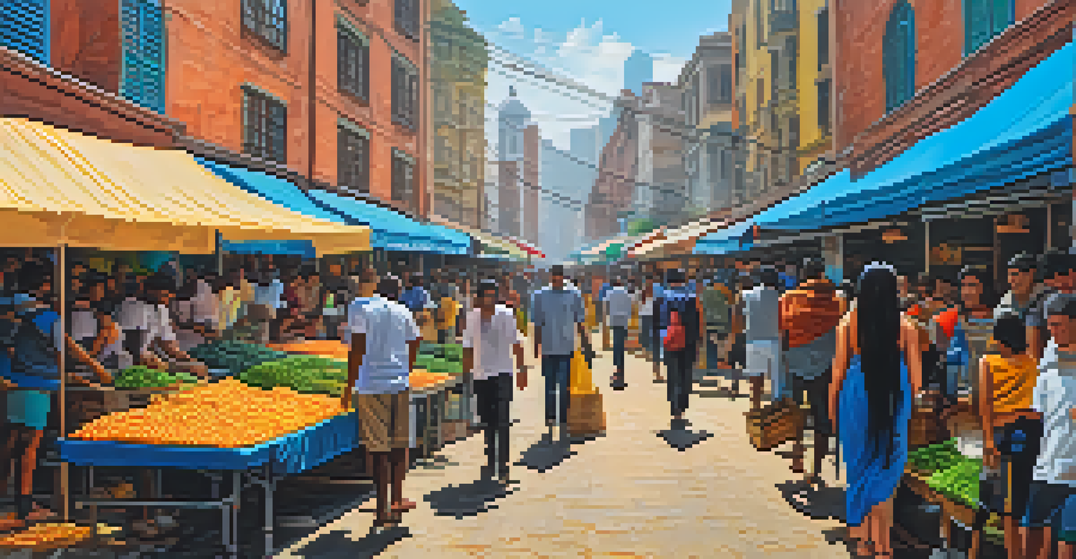 A lively street market with vendors and people using smartphones for Bitcoin transactions, set against a backdrop of crumbling buildings.