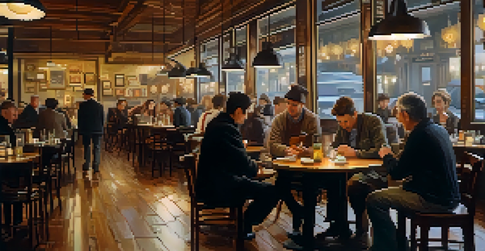 A bustling café with patrons exchanging notes at tables in a warm and inviting atmosphere, emphasizing anonymity.