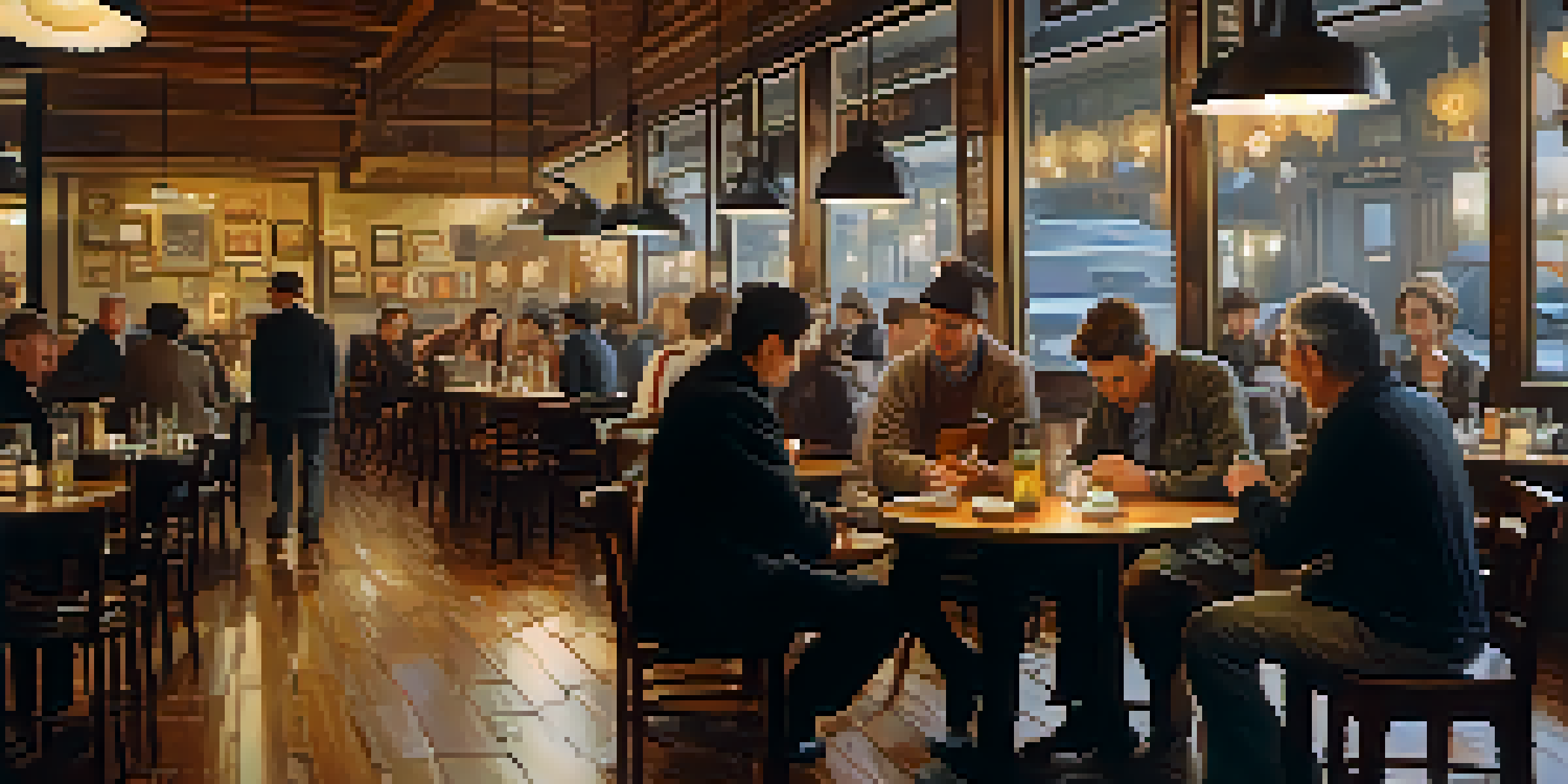 A bustling café with patrons exchanging notes at tables in a warm and inviting atmosphere, emphasizing anonymity.
