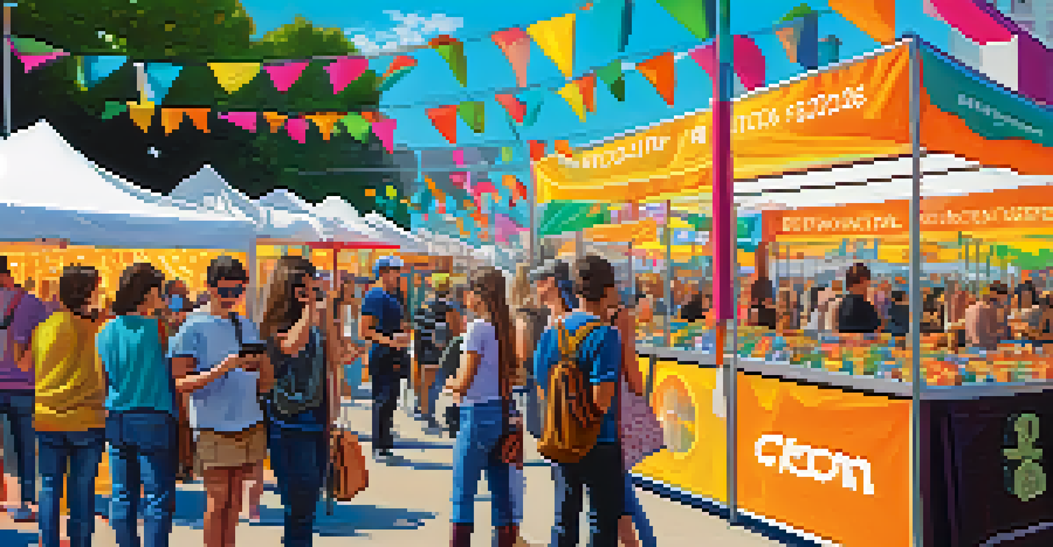 An outdoor art festival with artists displaying their work and attendees purchasing art using Bitcoin with colorful promotional banners.