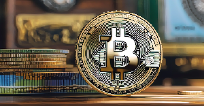 A Bitcoin coin on a wooden desk with natural light, blurred global trade items in the background.